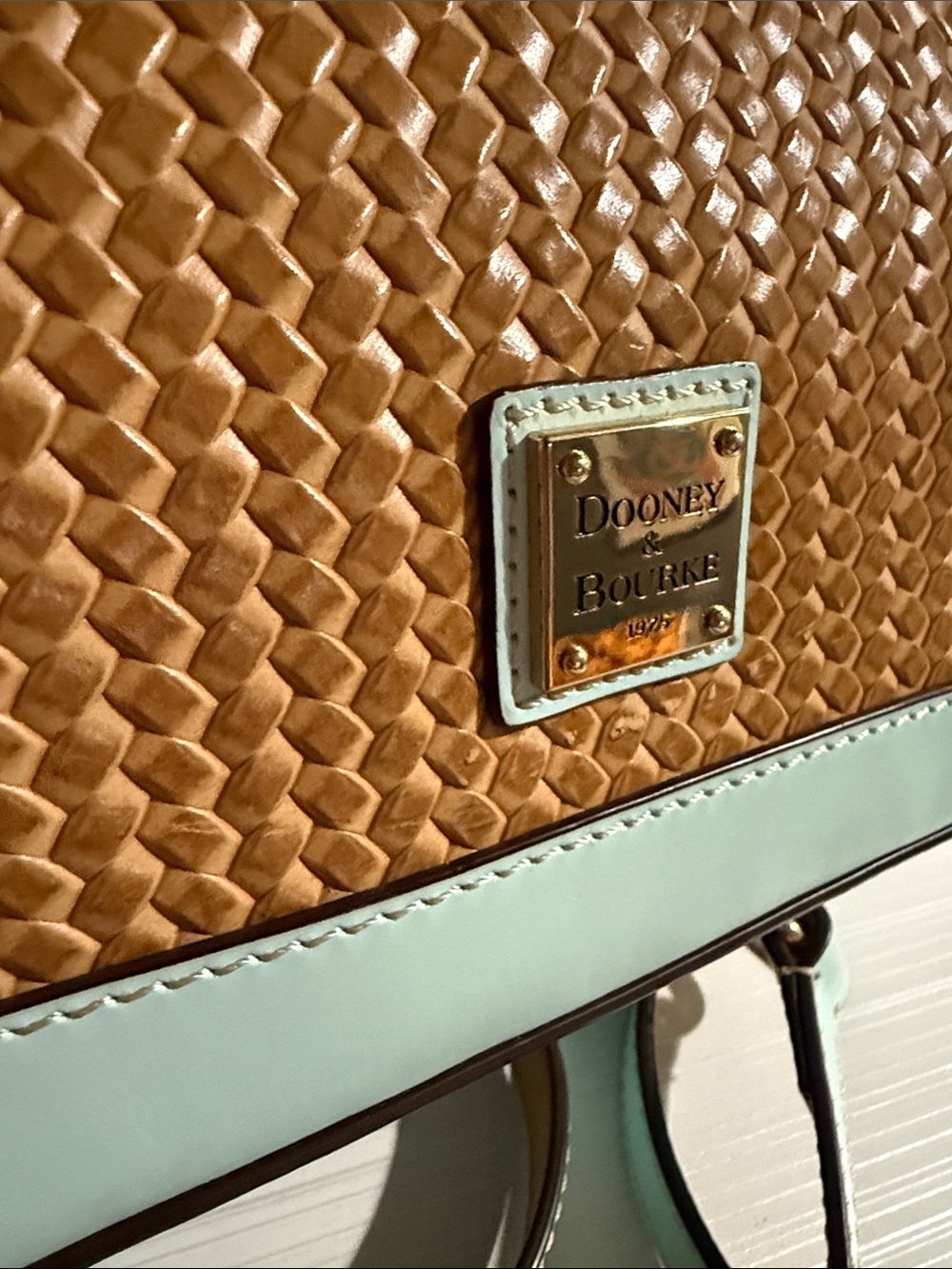 Dooney & Bourke Beacon Woven Domed Satchel in a pale blue/aqua and tan $295 - Picture 3 of 12